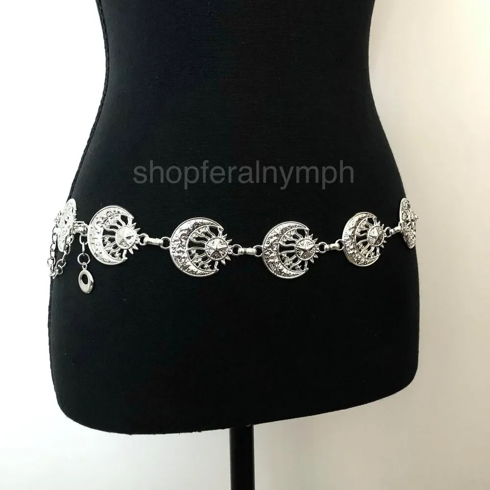 Vintage Y2K Celestial Silver Sun and Moon Chain Belt, 19.5–39 Inches, X7GA1149
